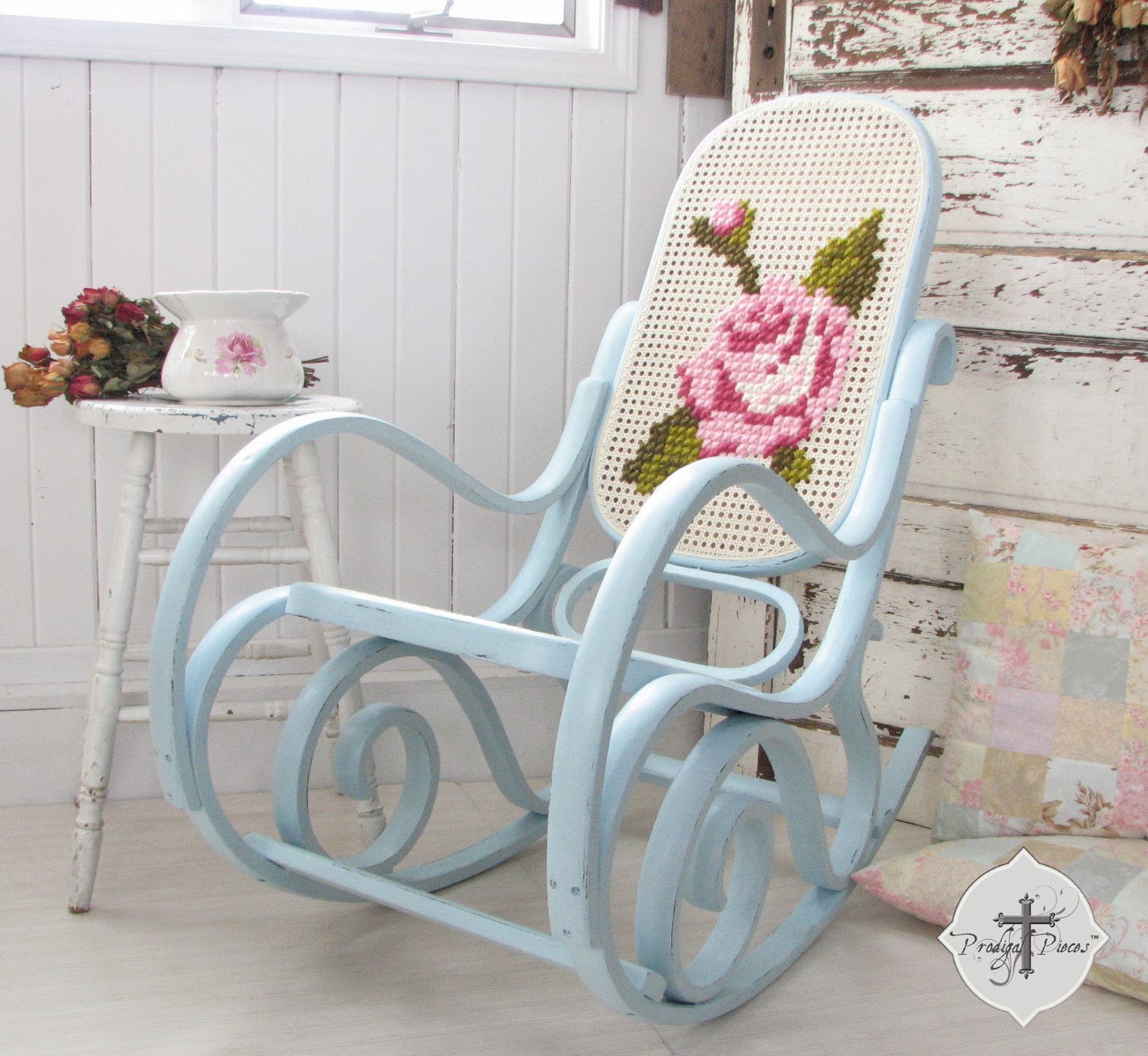 Shabby Chic Bentwood Rocking Chair with Hand-Embroidered Rose via Prodigal Pieces