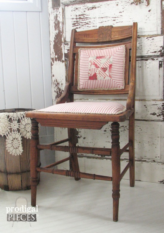 Red Ticking Stripe Chair with Quilted Upholstery for Antique Makeover by Larissa of Prodigal Pieces | prodigalpieces.com #prodigalpieces