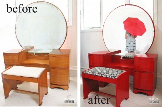 Vintage Art Deco dressing table gets a licorice stick red makover for a custom client. A fun twist to a classic piece! by Prodigal Pieces www.prodigalpieces.com #prodigalpieces