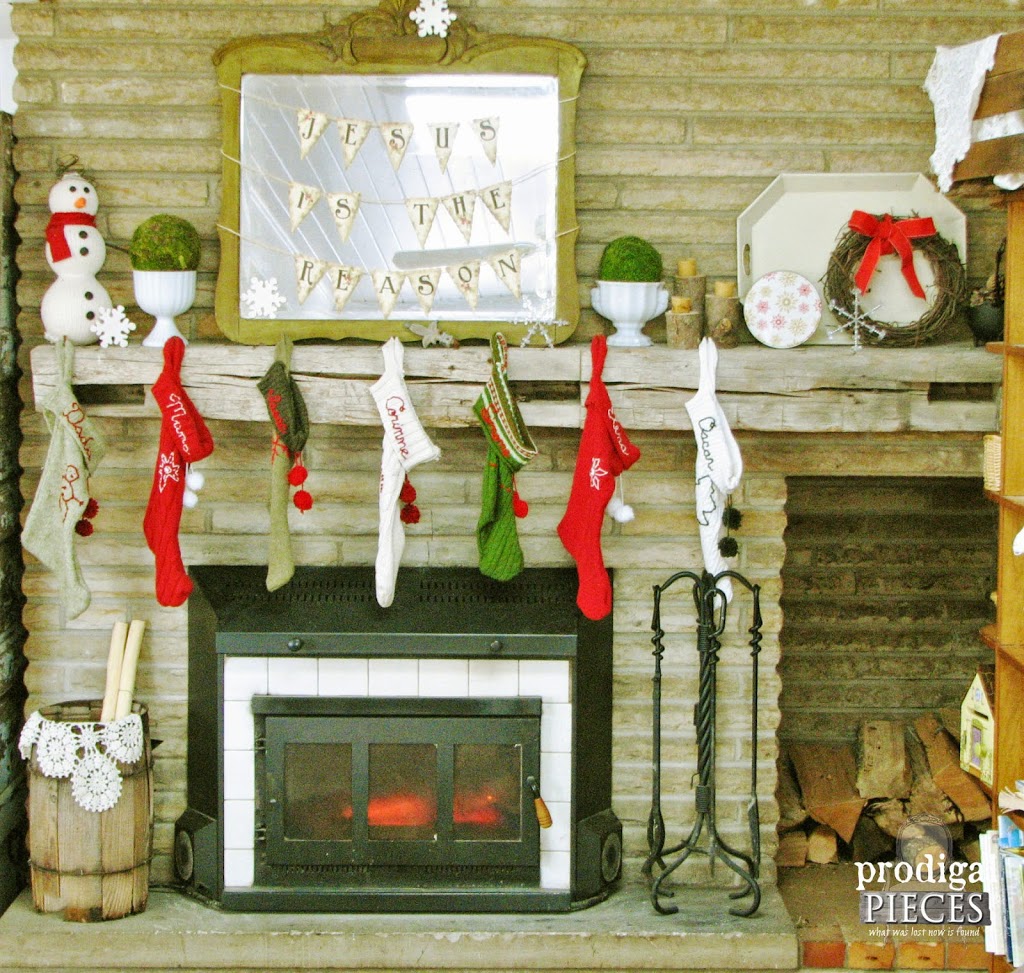 Farmhouse Style Christmas Mantel with Handmade Stockings by Larissa of Prodigal Pieces | prodigalpieces.com