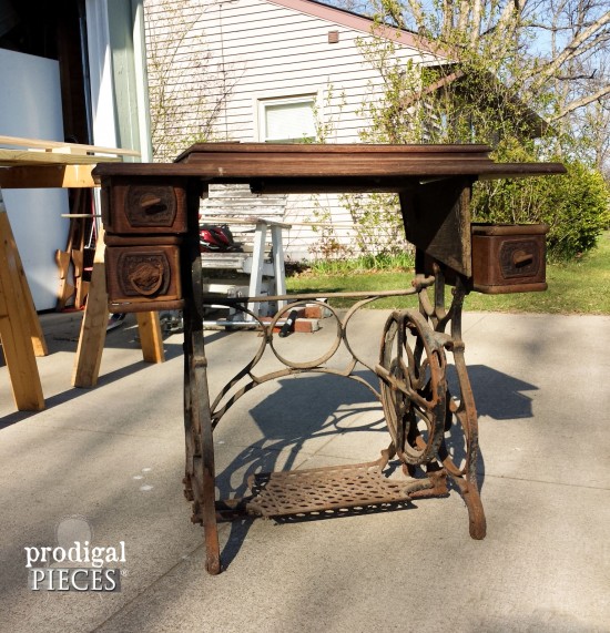 Antique Treadle Sewing Machine Repurposed with Early 1900's Barn Wood Using Weatherwood Stain by Prodigal Pieces www.prodigalpieces.com #prodigalpieces