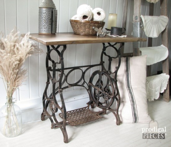 Antique Treadle Sewing Machine Repurposed with Early 1900's Barn Wood Using Weatherwood Stain by Prodigal Pieces www.prodigalpieces.com #prodigalpieces