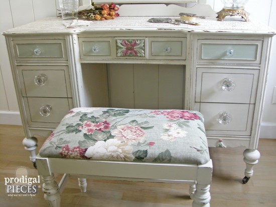 Rose Upholstered Antique Vanity Bench | Prodigal Pieces | www.prodigalpieces.com