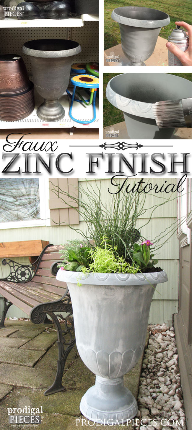 You can create a timeless faux zinc finish by only using paint. Come see the step-by-step DIY tutorial on how to achieve this look in a day by Prodigal Pieces www.prodigalpieces.com #prodigalpieces