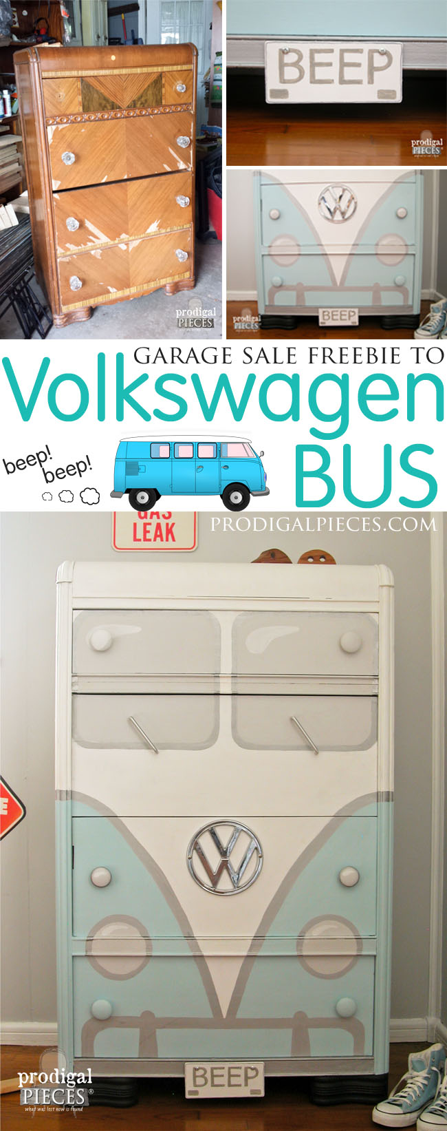 A garage sale freebie Art Deco waterfall chest of drawers gets a sweet Volkswagen Bus makeover by Larissa of Prodigal Pieces | prodigalpieces.com #prodigalpieces #furniture #diy #homedecor