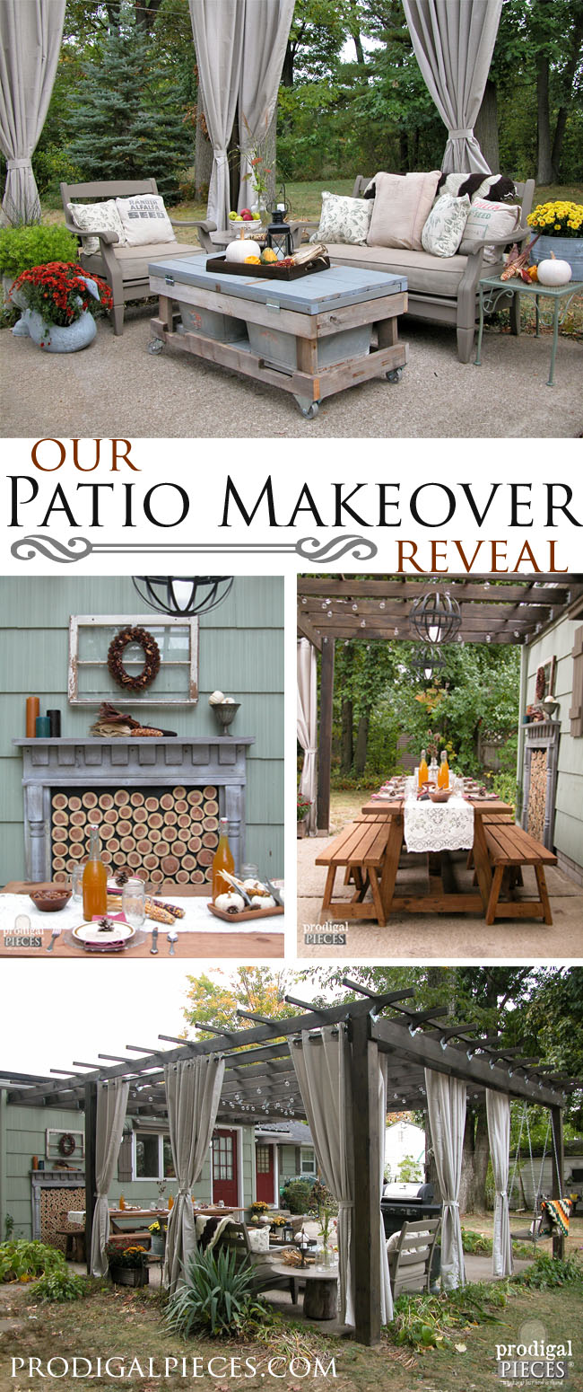 This DIY patio design features a rustic and repurposed touches with a harvest table, faux fireplace, and curtains for privacy. All completed by one couple on a budget by Prodigal Pieces | prodigalpieces.com #prodigalpieces