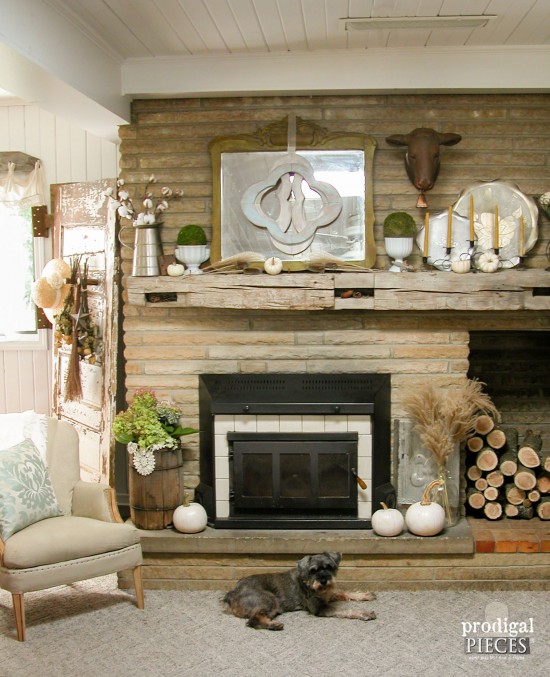 Create a simple, neutral fall mantelscape with natural elements, metals, and reclaimed items by Prodigal PIeces. www.prodigalpieces.com #prodigalpieces