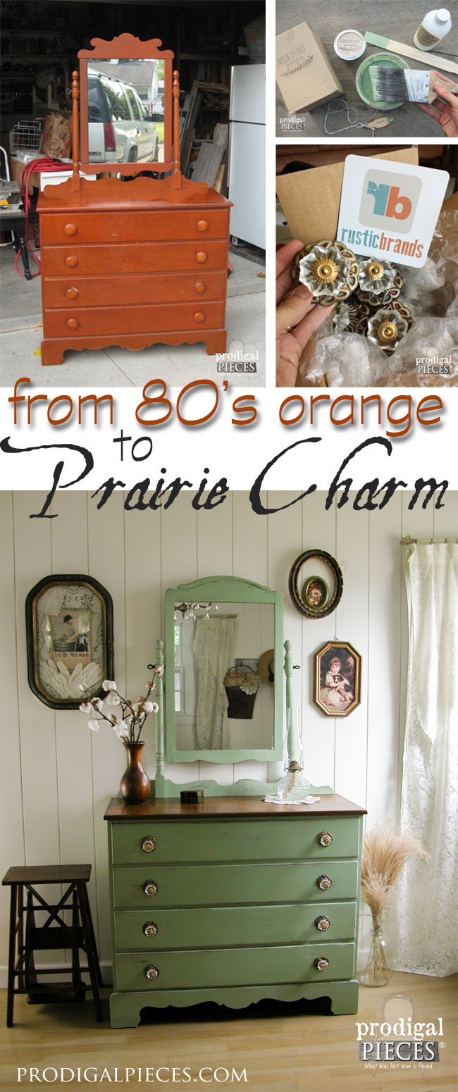 Goodbye 1980's orange and hello prairie charm. An outdated dresser gets a new look with milk paint and pulls. Come see! by Prodigal Pieces | prodigalpieces.com