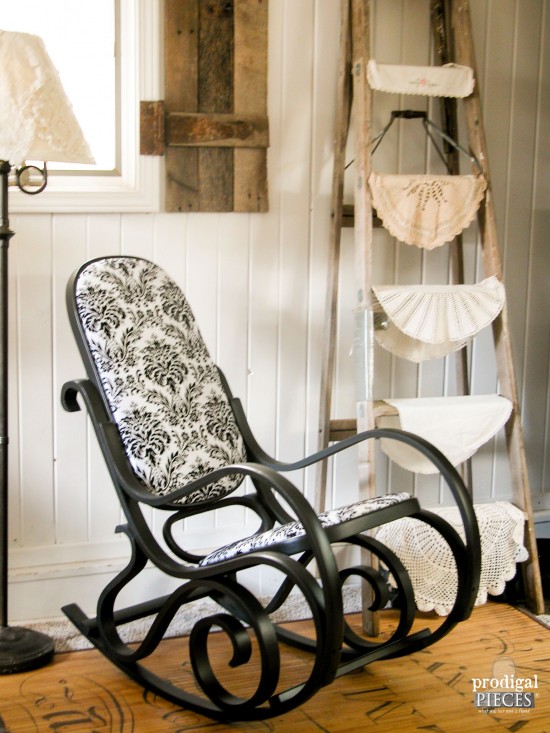 Beautiful Black Bentwood Rocker Chair with Damask Upholstery by Larissa of Prodigal Pieces | prodigalpieces.com
