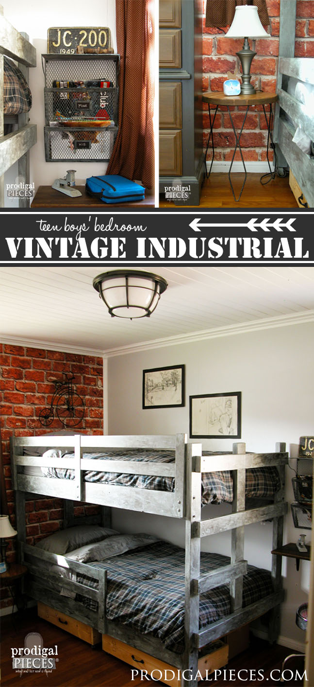 A teen boys' room gets a vintage industrial makeover with faux brick wallpaper, metal accents, and secret hidden storage. by Prodigal Pieces | prodigalpieces.com #prodigalpieces