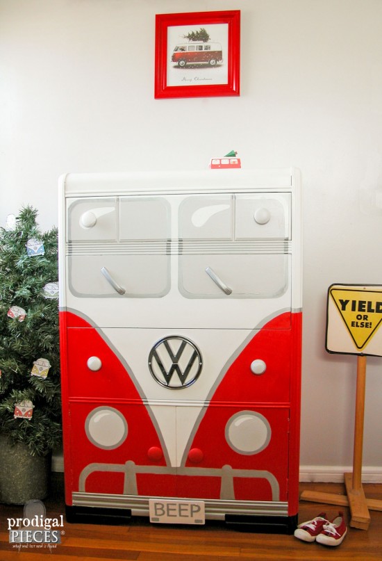 An Art Deco waterfall chest of drawers makes the perfect Volkswagen Bus. This time around it's all about that RED by Prodigal Pieces www.prodigalpieces.com #prodigalpieces