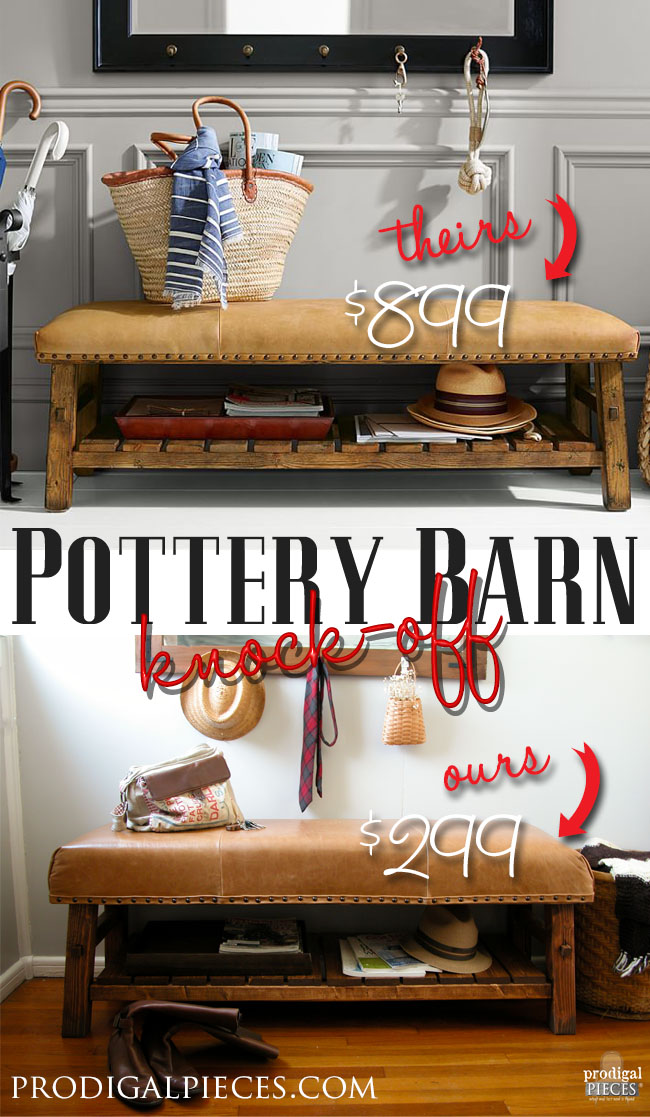 Why pay big bucks for Pottery Barn when you can DIY? For less than half the retail cost, we built a knock-off of the PB Caden leather bench. Come see how we did it! by Prodigal Pieces www.prodigalpieces.com #prodigalpieces