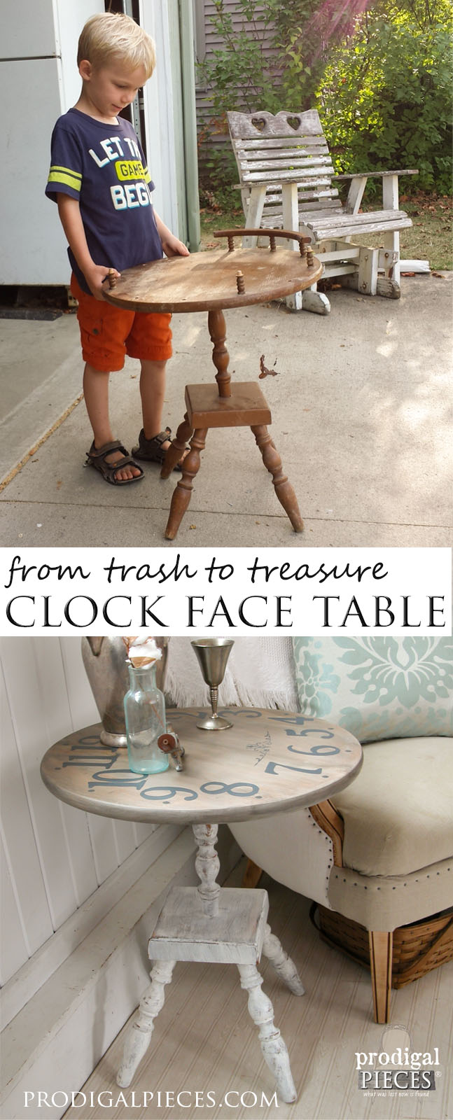 Beaten up table set out for trash turned it into a vintage style clock face table. A trash to treasure transformation by Prodigal Pieces www.prodigalpieces.com #prodigalpieces
