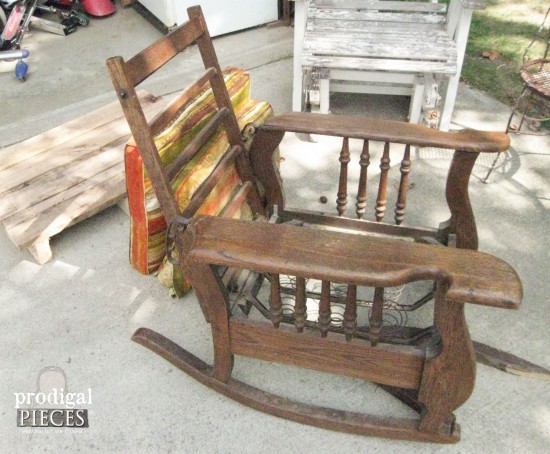Broken down antique Morris Rocker and salvaged hardwood pallets have potential - do you see it? by Prodigal Pieces www.prodigalpieces.com #prodigalpieces