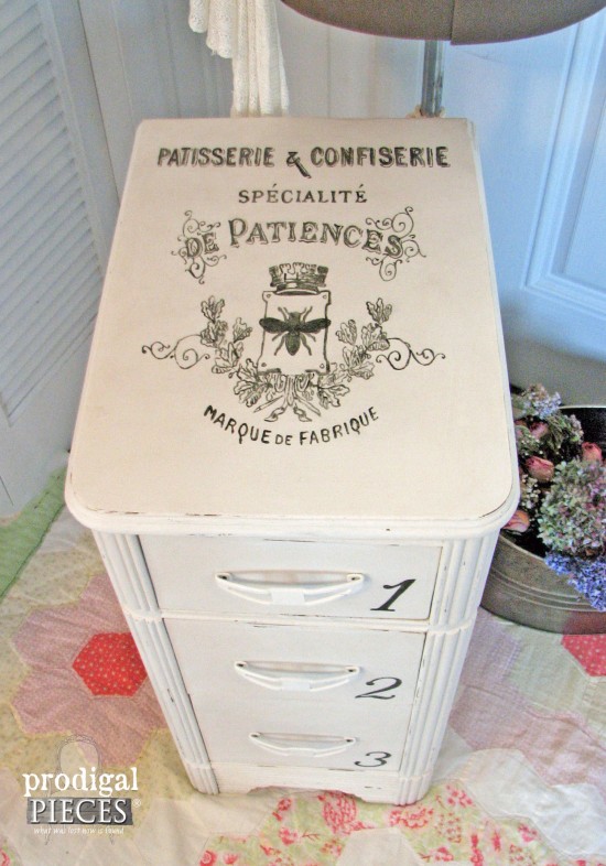 A $3 thrifted side of a vanity becomes a sweet shabby chic piece with wallpaper and The Graphics Fairy by Prodigal Pieces www.prodigalpieces.com #prodigalpieces