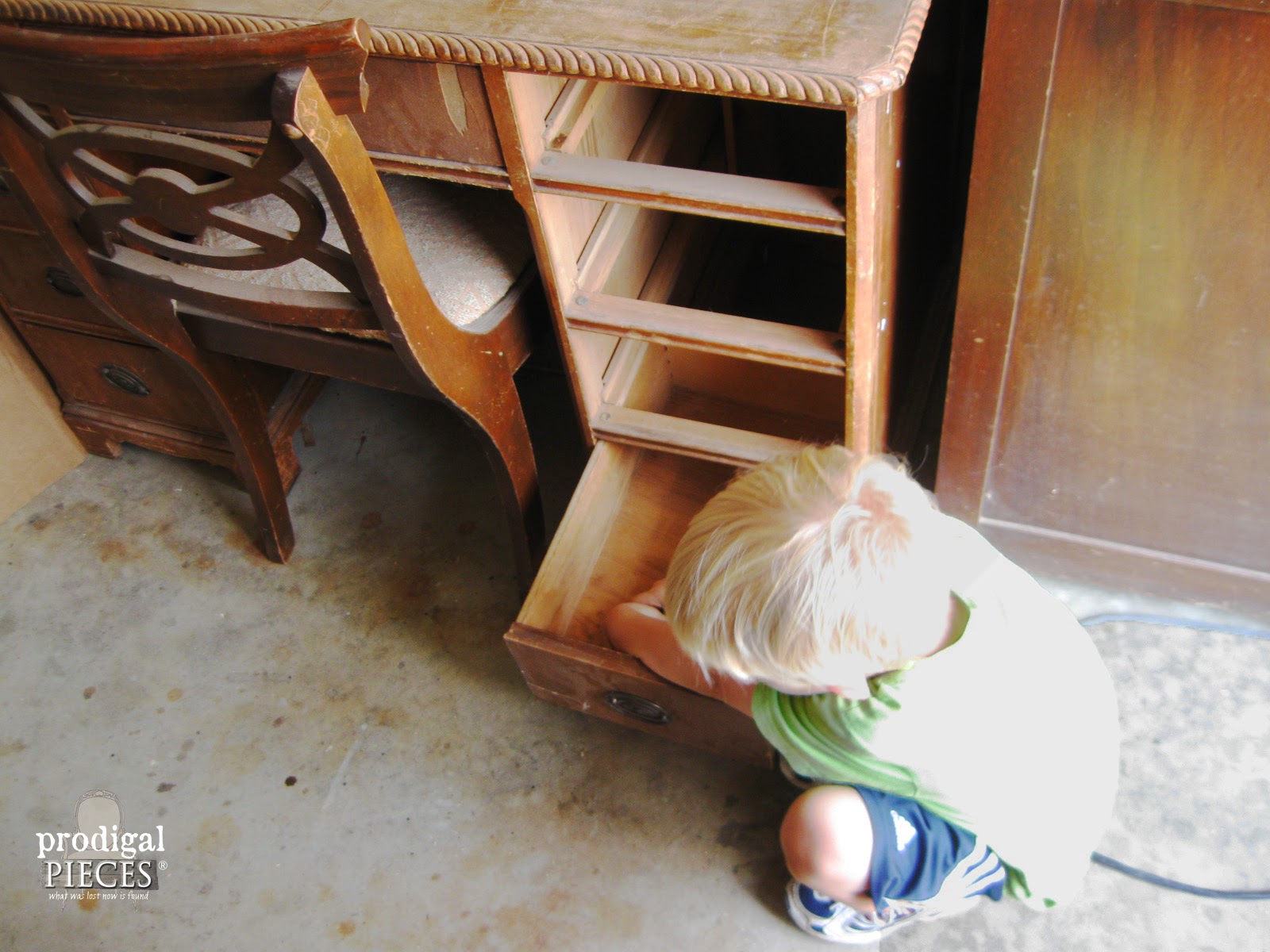 Boy Helping Mama with Anituqe Desk Makeover | prodigalpieces.com #prodigalpieces