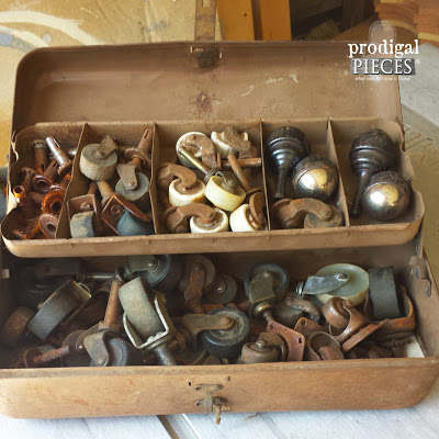 Rusty Antique Tackle Box Full of Antique Casters by Prodigal Pieces www.prodigalpieces.com
