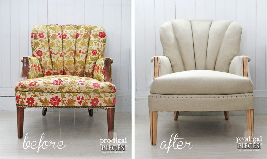Before and After of Linen Channel Back Chair by Larissa of Prodigal Pieces | prodigalpieces.com #prodigalpieces