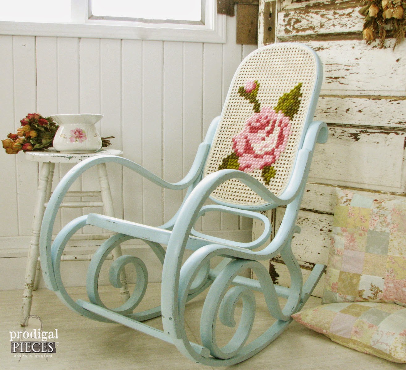 Antique Vintage Bentwood Rocking Chair Gets an Aqua Blue Facelift with Shabby Chic Crosstitch by Prodigal Pieces | prodigalpieces.com
