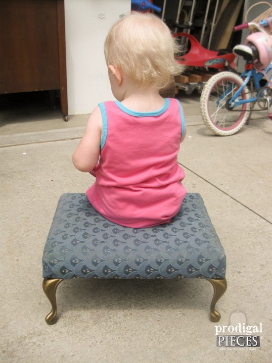 Baby Girl Sitting on Thrifted Footstool | Prodigal Pieces | www.prodigalpieces.com