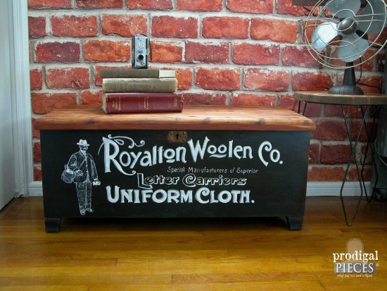 This thrifted Acme cedar chest had seen better days. Now it's an industrial work of art with vintage typography by Prodigal Pieces www.prodigalpieces.com #prodigalpieces