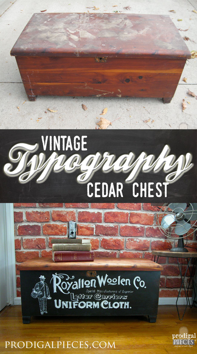 This thrifted Acme cedar chest had seen better days. Now it's an industrial work of art with vintage typography by Prodigal Pieces www.prodigalpieces.com #prodigalpieces