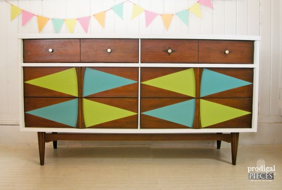 This tired looking Mid-Century Modern Bassett credenza gets some color fun with a pop of paint. Come see how it's done! by Prodigal Pieces www.prodigalpieces.com