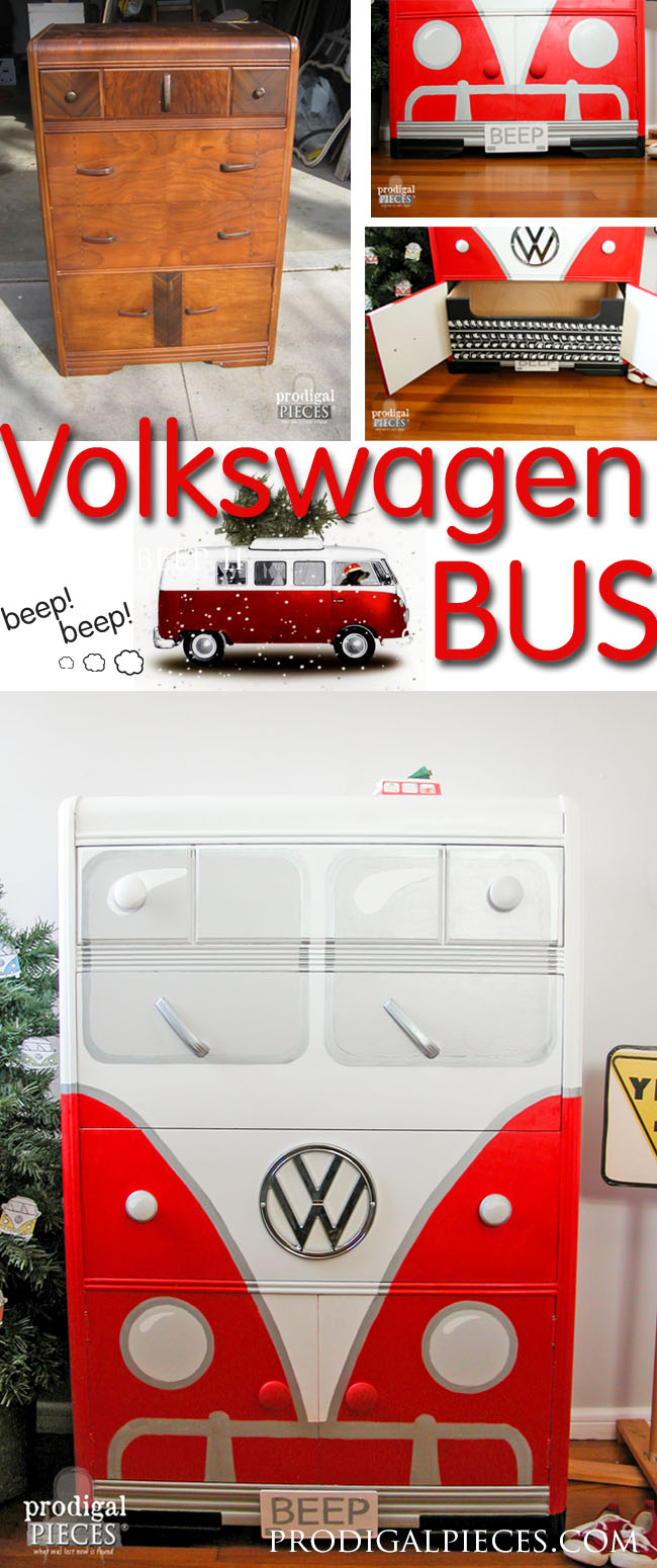 An Art Deco waterfall chest of drawers makes the perfect Volkswagen Bus. This time around it's all about that RED by Prodigal Pieces | prodigalpieces.com #prodigalpieces