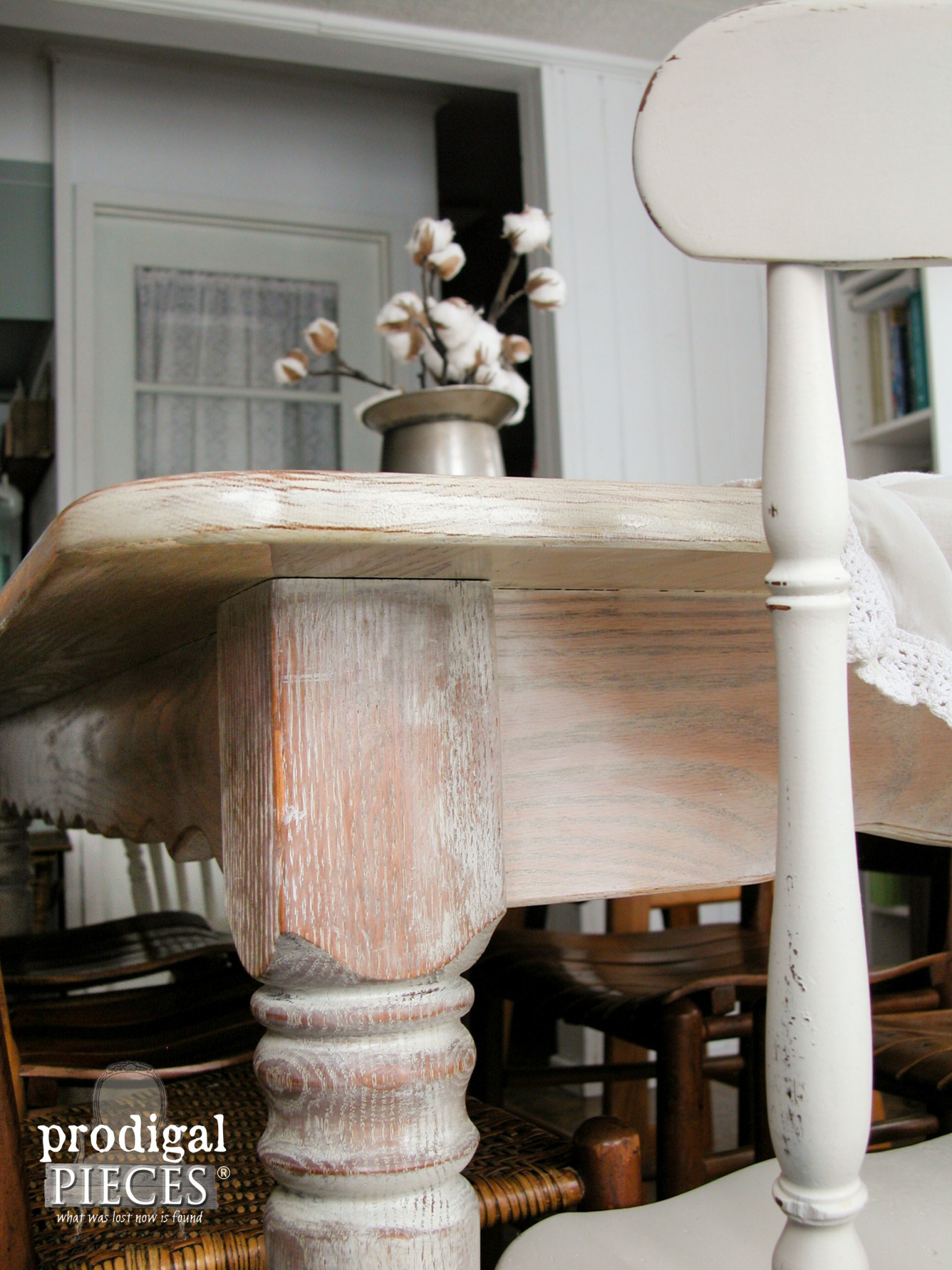 Corner of Whitewashed Farmhouse Table by Prodigal Pieces | prodigalpieces.com