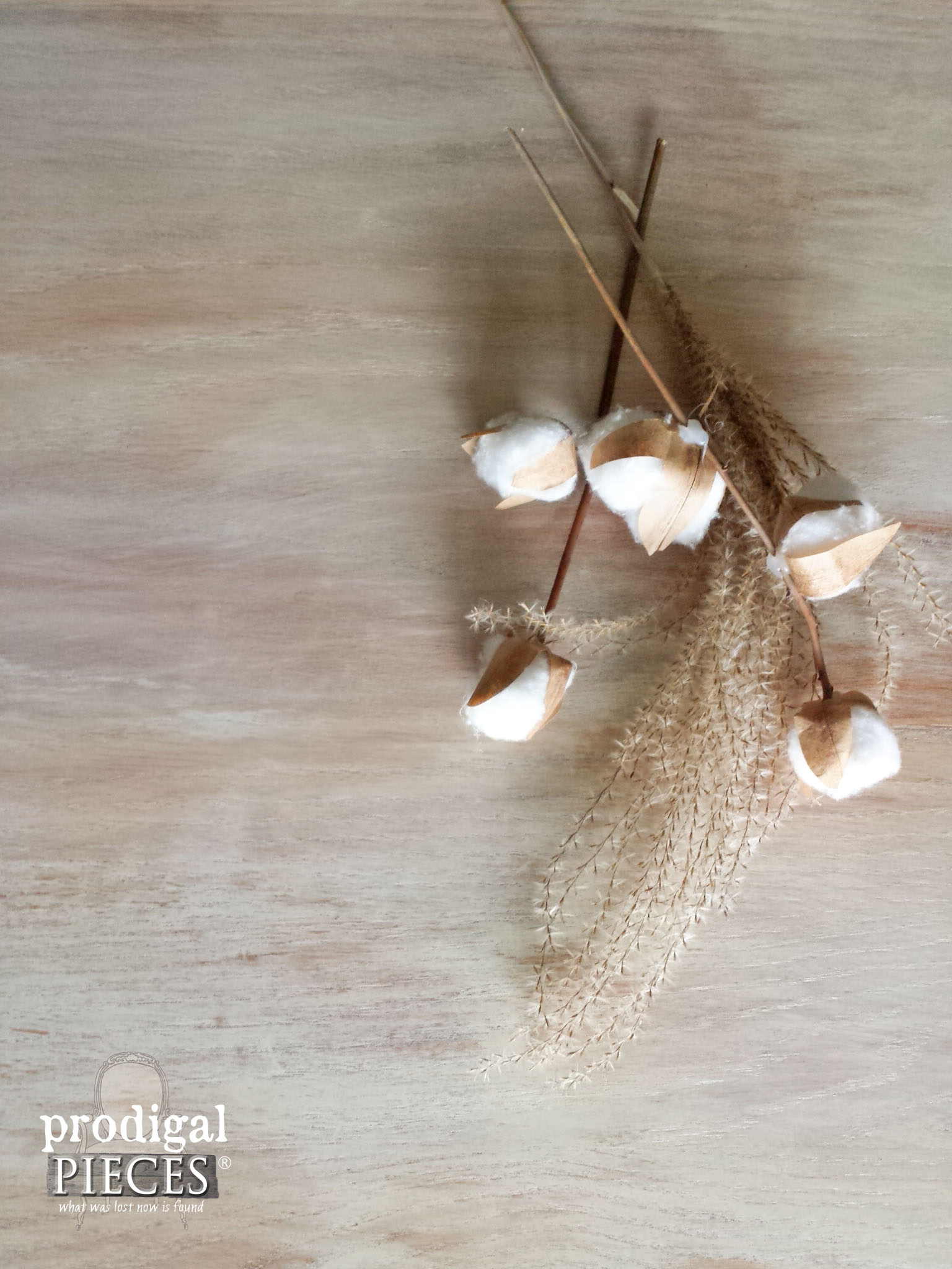 Cotton Stems on Whitewashed Farmhouse Table by Prodigal Pieces | prodigalpieces.com